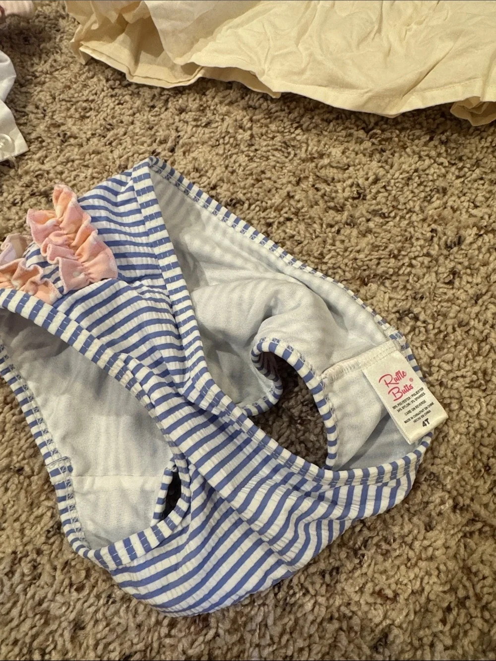 Ruffle Butts Blue and White Striped Diaper Cover with Pink Ruffle